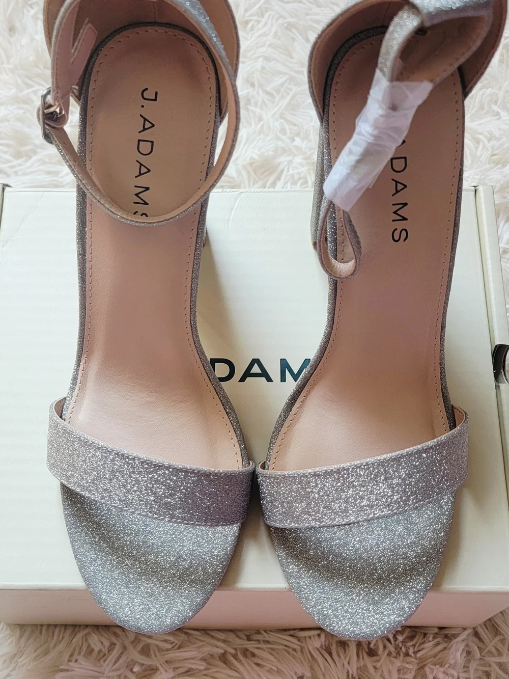 NWB J.Adams Silver Glitter Block Heel Sandals Sz 10